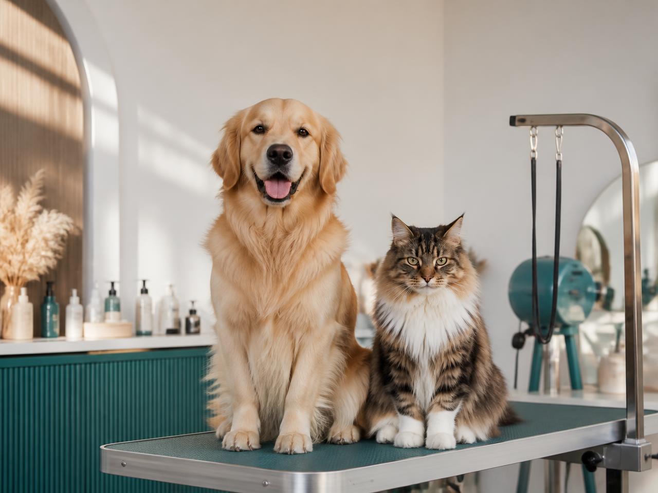 Cachorro e gato felizes após banho e tosa em salão de estética animal