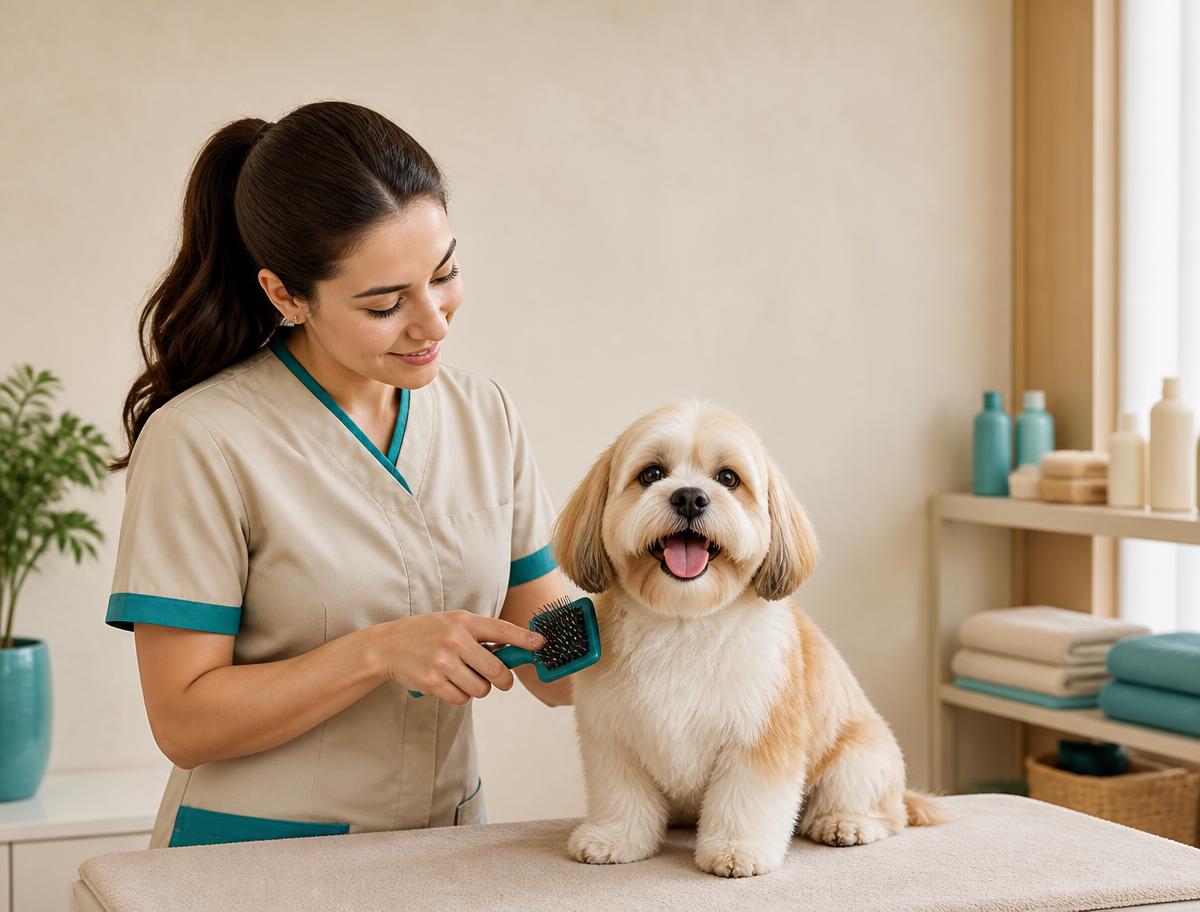 Profissional escovando um cachorro pequeno em petshop moderno